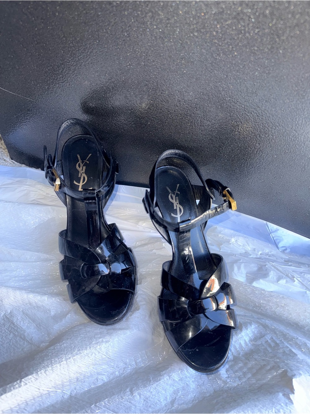 YSL Black Patent Platform Sandals with Gold Buckle Accent